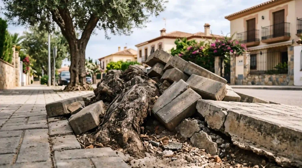 שורש עץ עבה שהרים ושבר אבנים משתלבות במדרכה